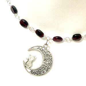 Genuine Garnet Short Necklace, Natural Gemstone w/ Cat on the Moon Pendant